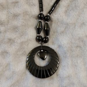 Charcoal Gray Hematite Magnetic Beaded Necklace Heart Circular Pendant